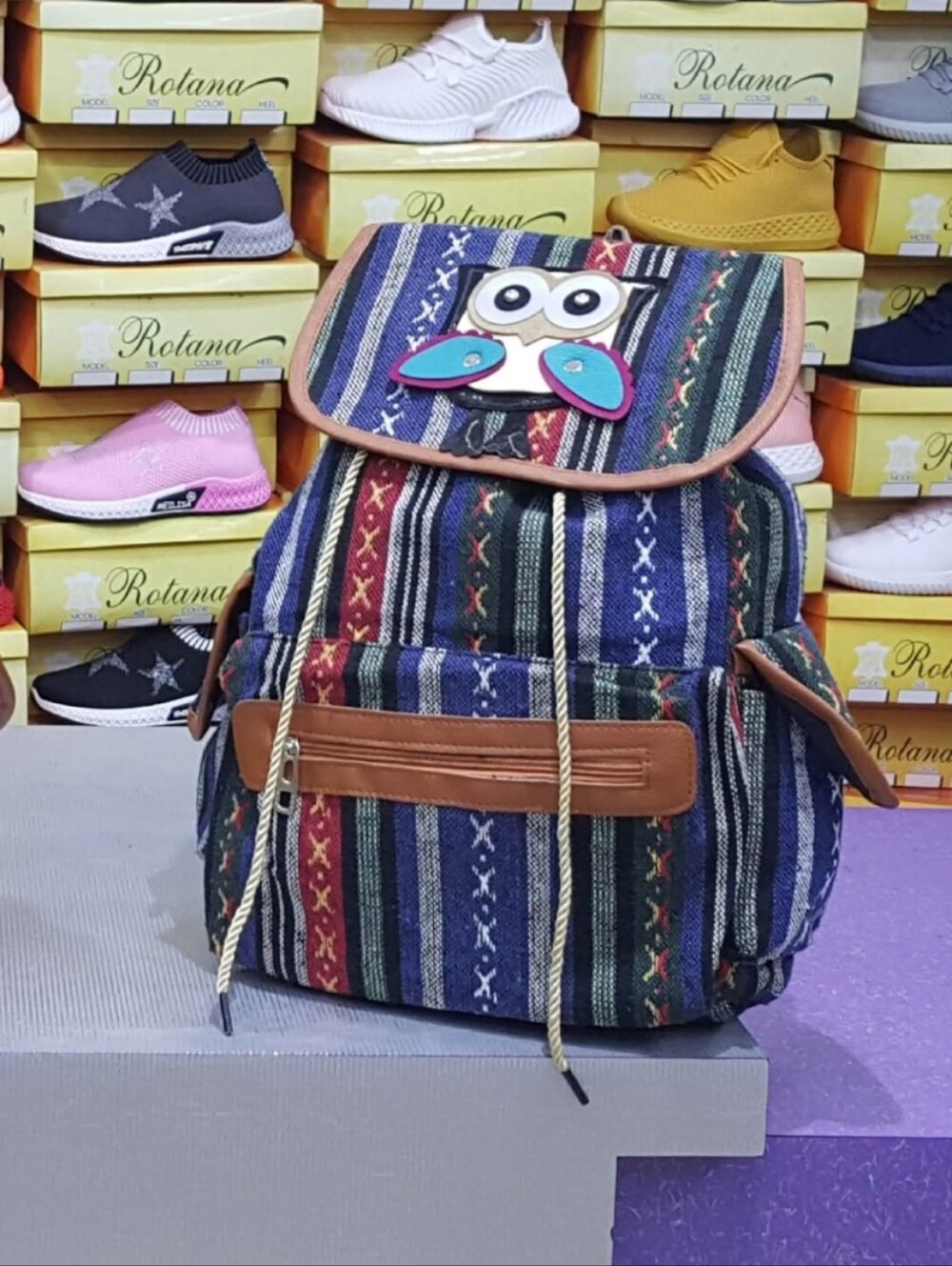 Multicolor Striped Owl Accent Backpack